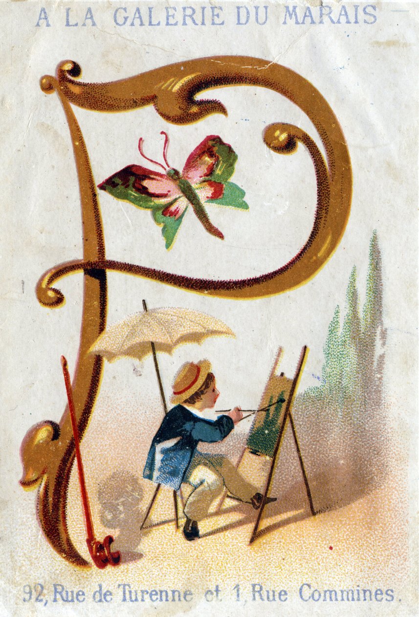 文字 P: 画家、蝶、パラソル、パイプ。 Alphabet Art Nouveau: 25 の広告クロモリトグラフのシリーズ。 アルフレッド・クラリーによるリトグラフ、19 世紀後半。 薄暗い 115x75mm 作： 無名の画家