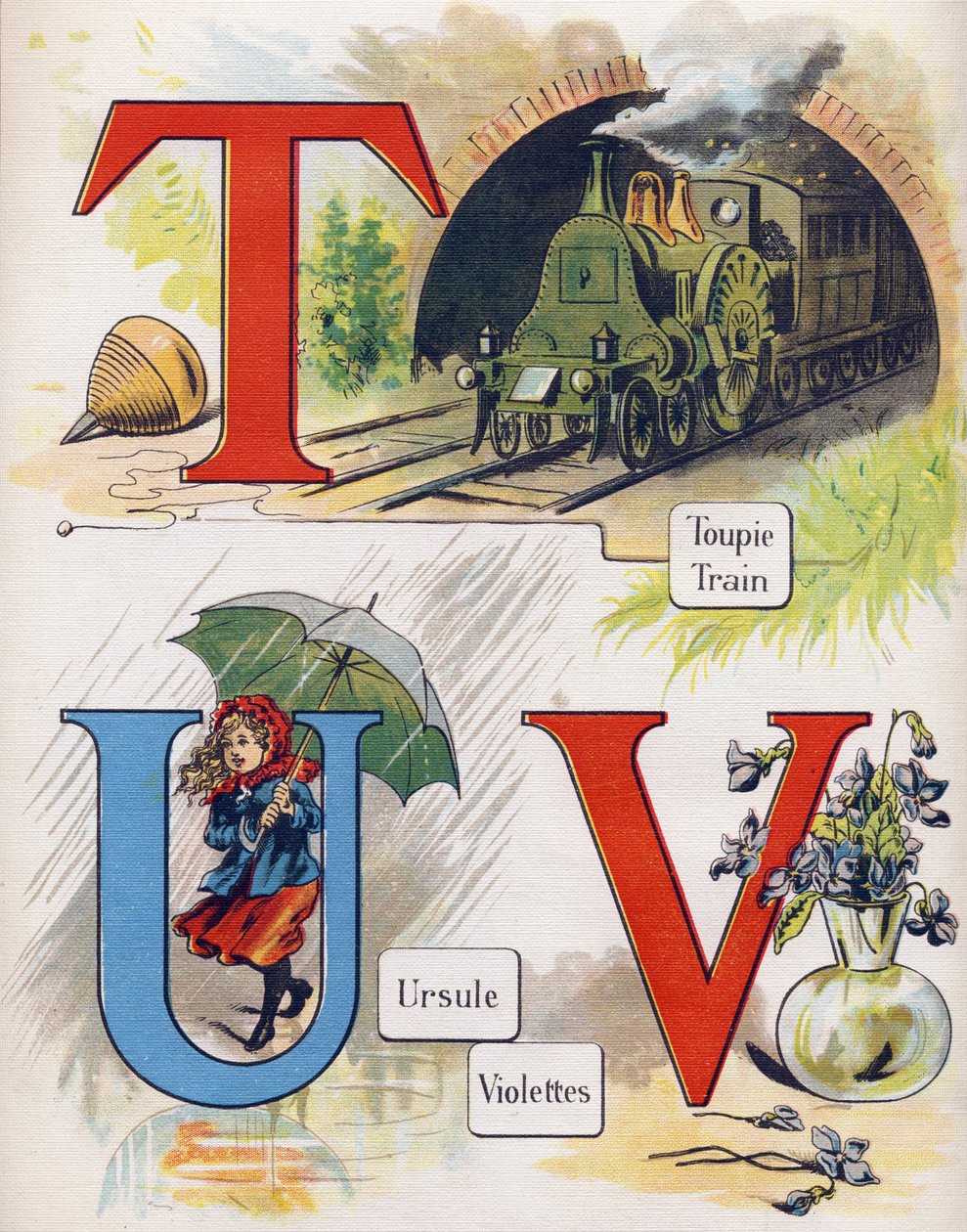 Letter T, U and V: top, train, ursula, violet.ABC L