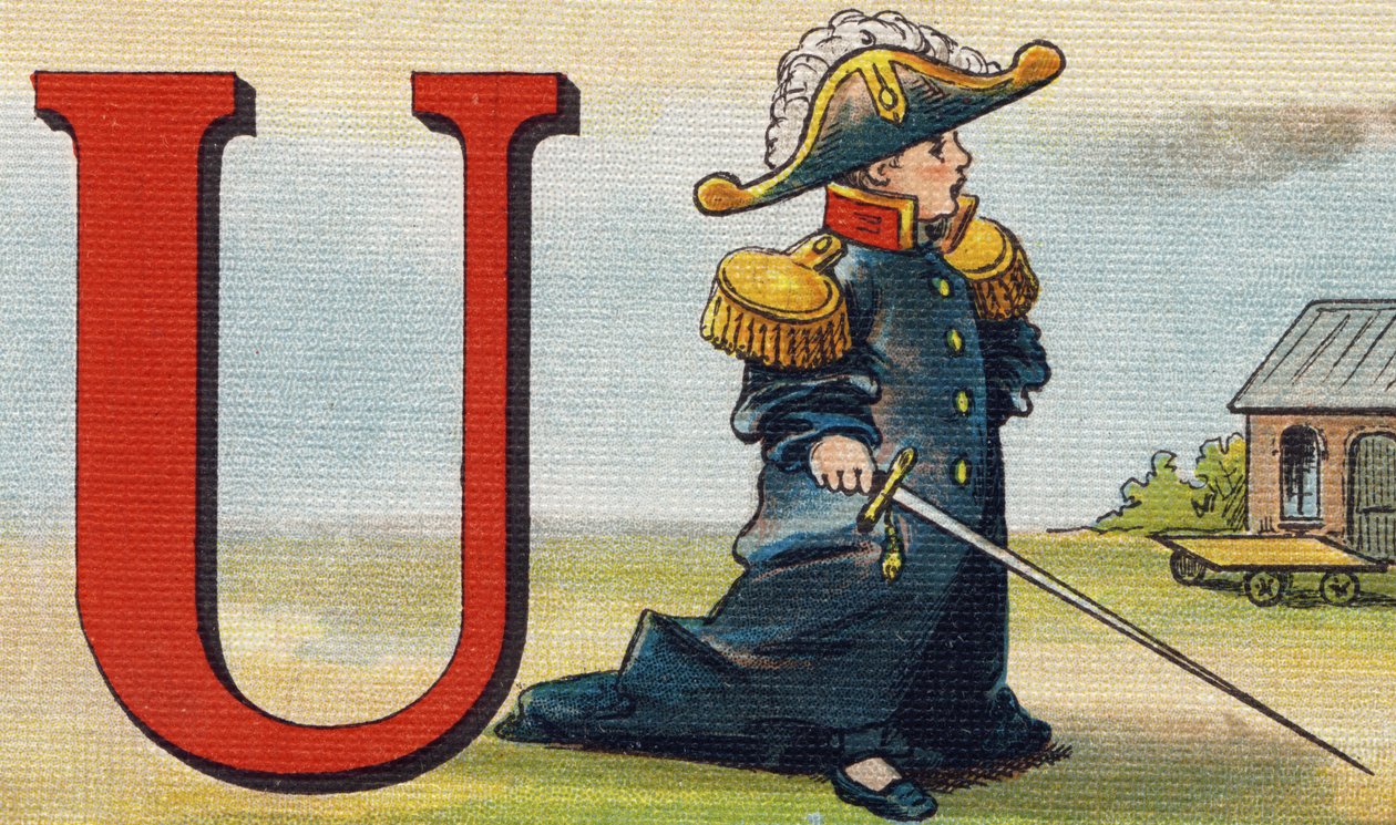Letter U: uniform.Alphabet de ma petite fille "に掲載された版画。Bernardin-Bechet and Fils, bookseller-publishers, Paris, around 1895.キャンバス地にアンブレイカブル・アルバム。Bibliotheque des Bebes（ビブリオテック・デ・ベベ）。12ページ。読書法とイラストのアベックを収録したアルバム 作： 不明