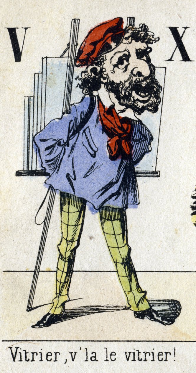 Letter V and X: "Glazier, the glazier!"アルファベット「子供の楽しみ」。エピナルのイメージング、1890年頃。人気シリーズ。8ページの小さな小冊子。小さな通りのメティエとパリの叫びをテーマにしたステンシル木版画 作： 不明