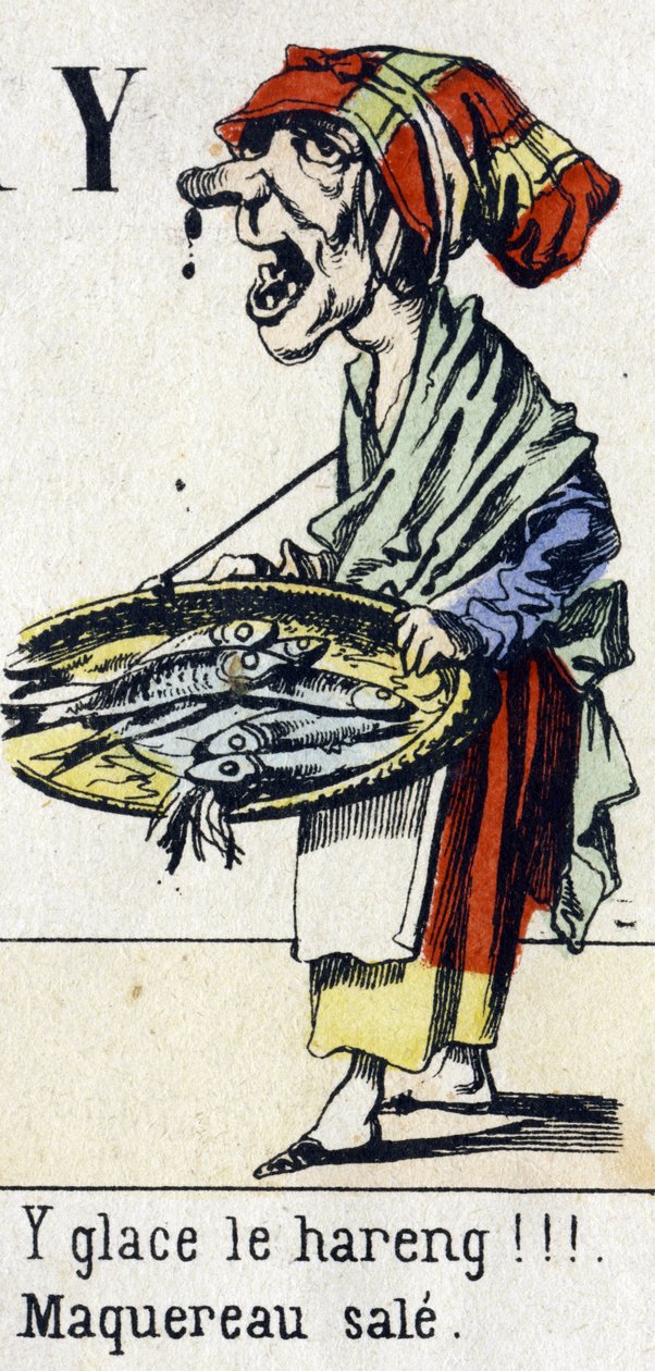手紙Y：「ニシンを氷漬けにしろ!!!Dirty mackerel」。アルファベット「子供の楽しみ」。1890年頃のエピナルのイメージング。人気シリーズ。8ページの小さなブックレット。小さな通りのメティエとパリの叫びをテーマにしたステンシル入りの木版画 作： 不明
