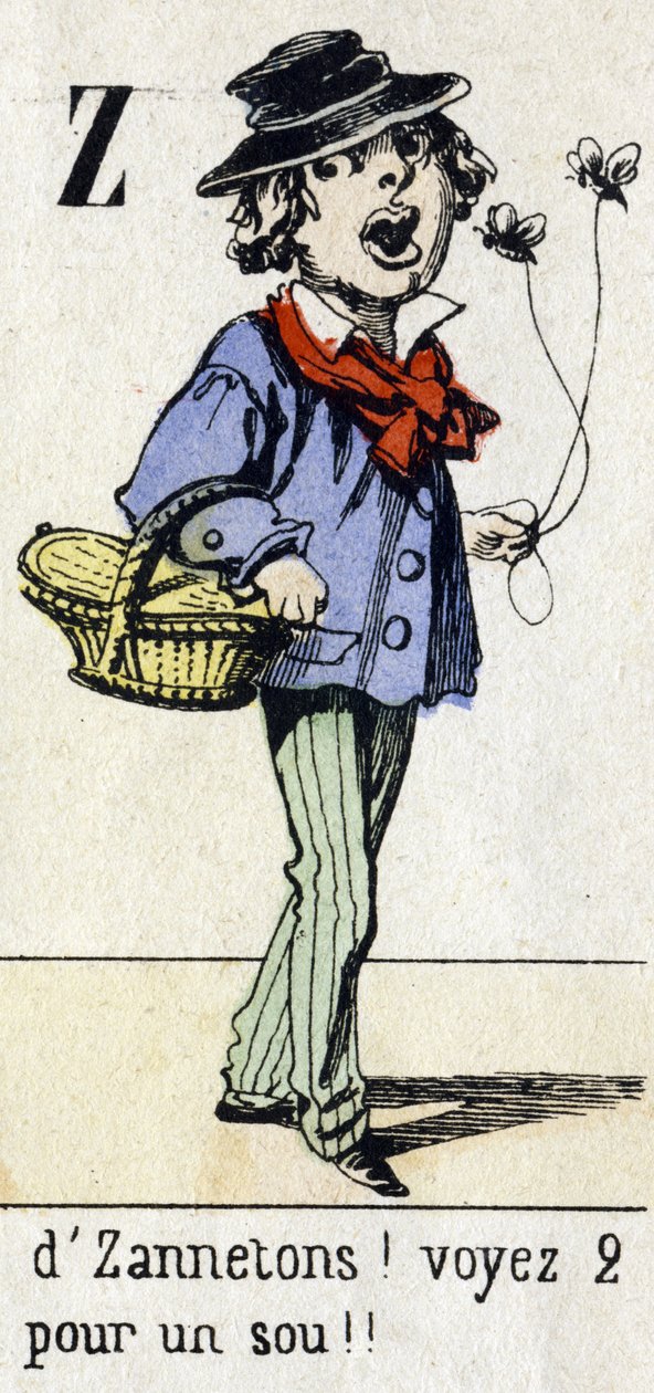 Letter Z: "by Zannetons!2を1円で見る!"アルファベット "の "子供の楽しみ"。エピナルのイメージング、1890年頃。人気シリーズ。8ページの小さなブックレット。小さな通りのメチエとパリの叫びをテーマにしたステンシルの木版画 作： 不明