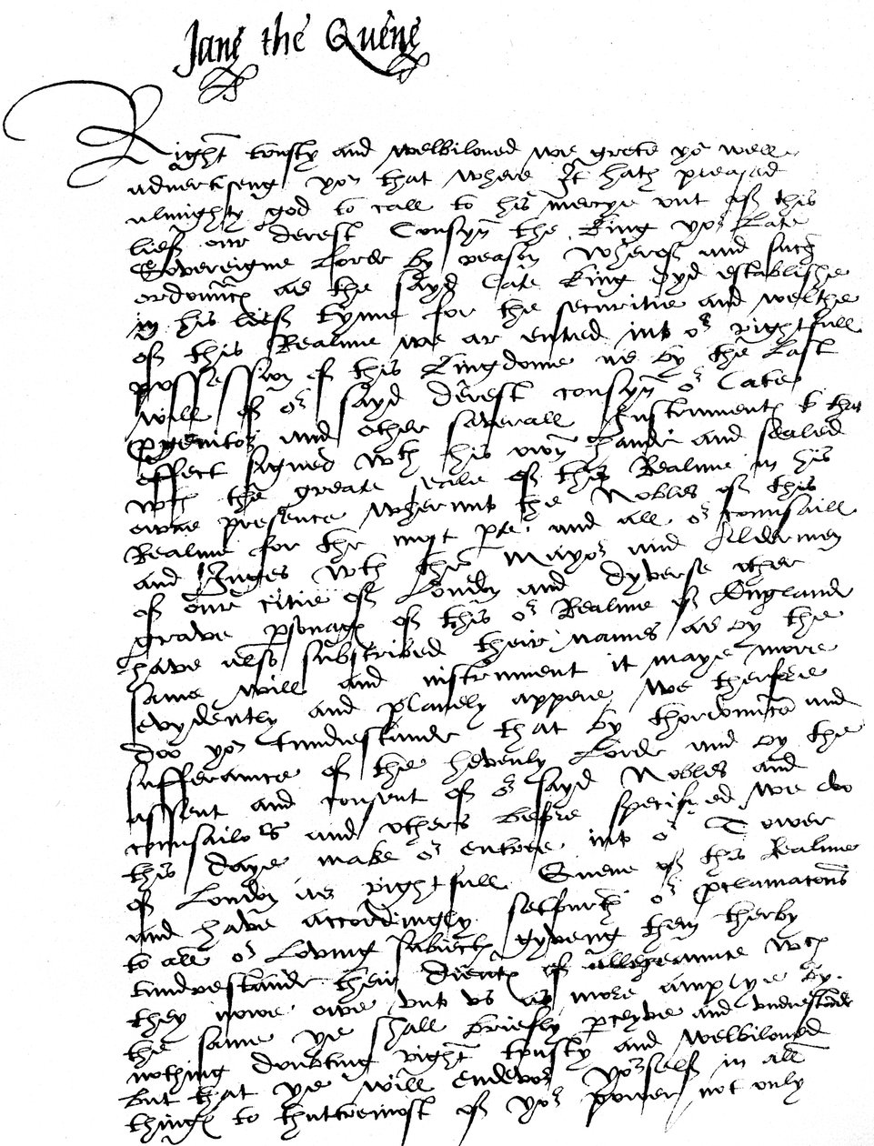 Brief unterzeichnet von Lady Jane Grey, an William Parr, Marquess of Northampton, in dem sie ihre Thronbesteigung als Königin ankündigt und seine Loyalität und Unterstützung gegen Lady Mary, 