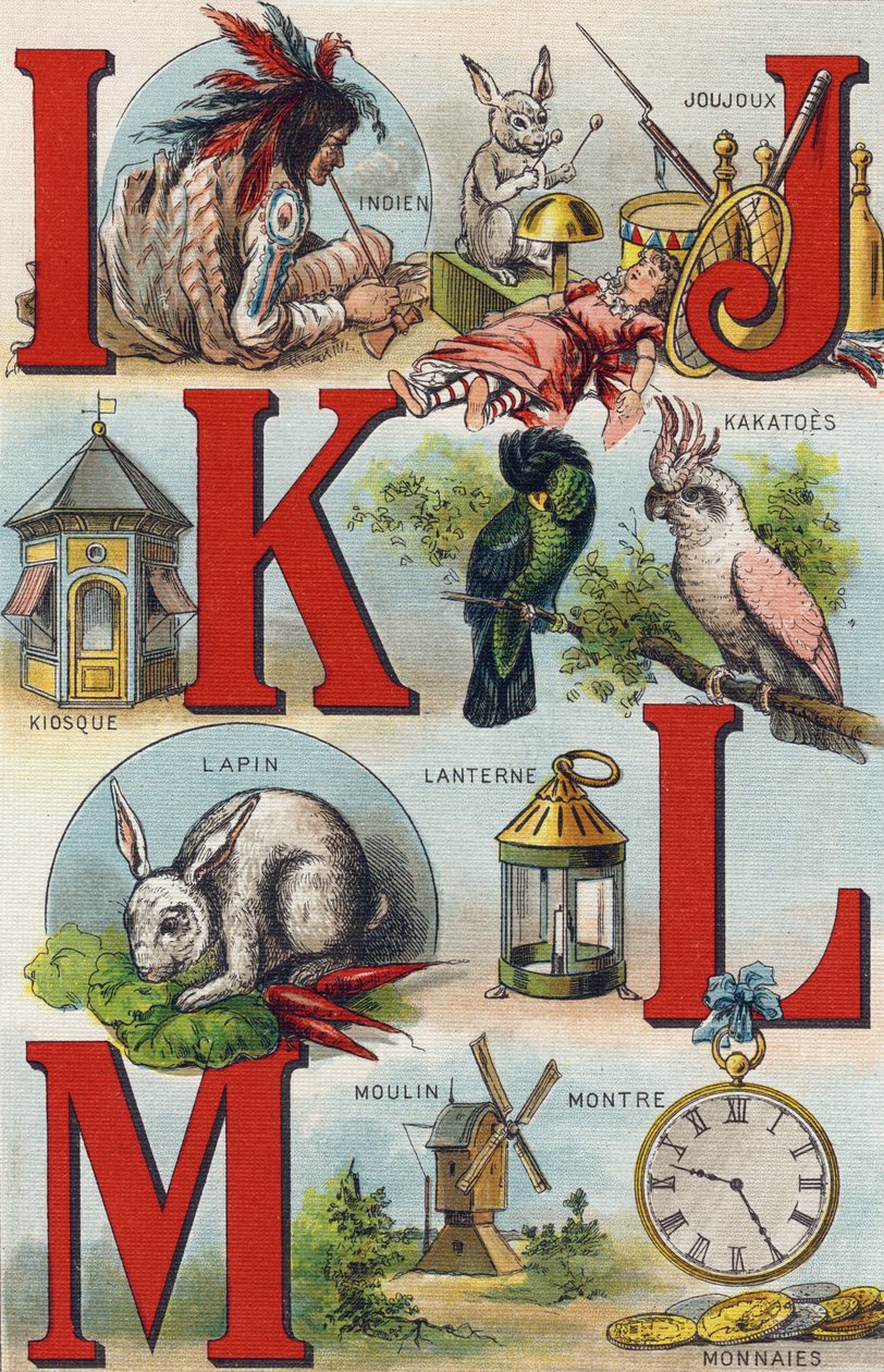 Letters I J K L; Indian; Joujoux; Kakatoes; Kiosk; Lantern; Rabbit; Watch Coins; Mill.Alphabet de ma petite fille "に掲載されたエングレーヴィング。Bernardin-Bechet and Fils, bookseller-publishers, Paris, around 1895.キャンバス地にアンブレイカブル・アルバム。Bibliotheque des Bebes（ビブリオテック・デ・ベベ 作： 不明