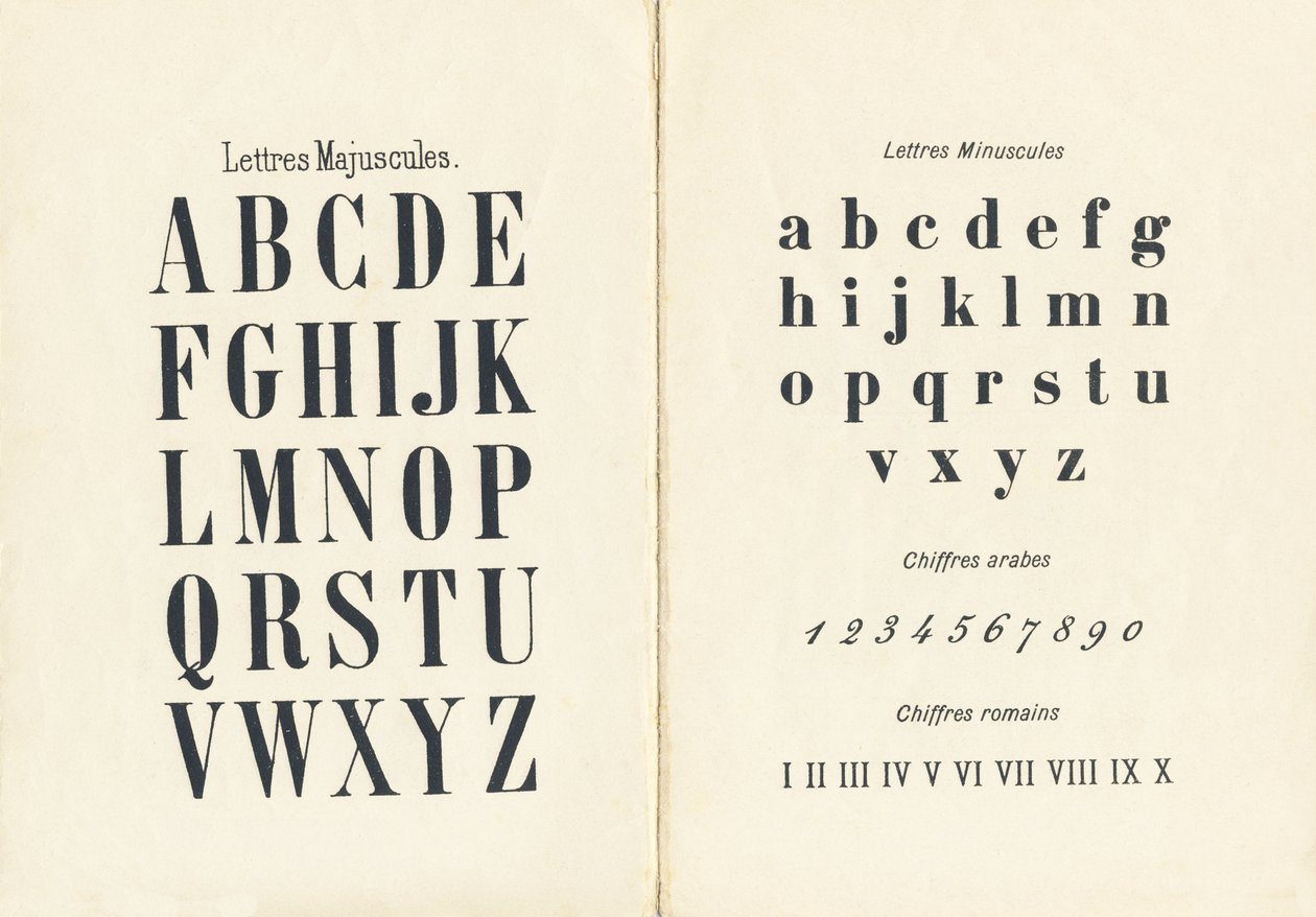 大文字、小文字、アラビア数字、ローマ数字 - 「ABCD des petites filles」から抜粋したエングレービング。Pellerin & Cie, imprimeur-editeur, Epinal, circa 1890.シリーズA。寸法 : 19 x 13,5 cm 作： 不明