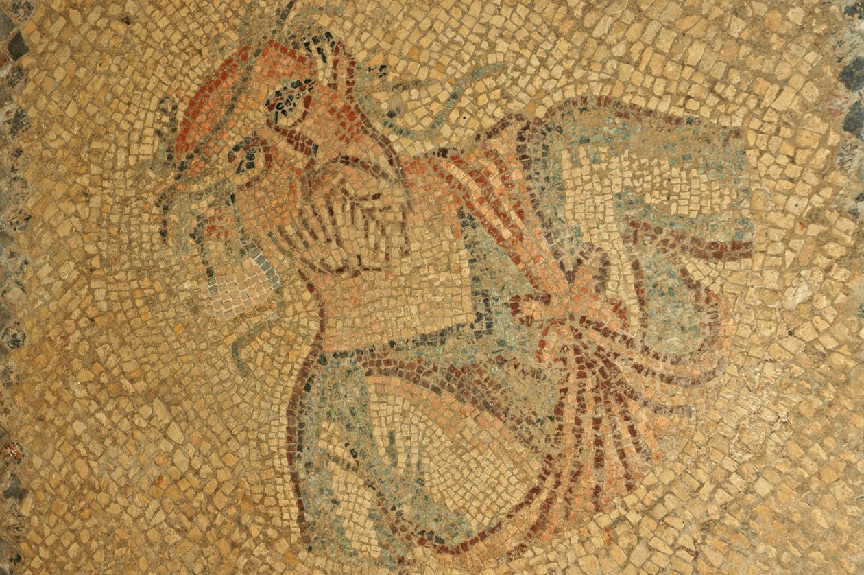 リビア、ローマ時代のヒゲと花輪を持つ老人のモザイク画 作： 不明