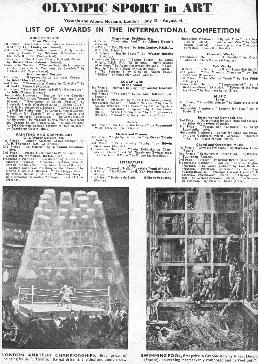 1948年ロンドンオリンピックにおける建築・美術・彫刻・文学・演劇・音楽の各賞受賞者一覧（リトグラフ版 作： 不明