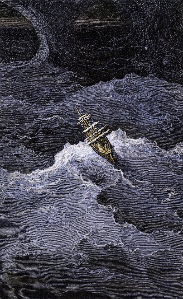文学：海の真ん中のボート。サミュエル・テイラー・コールリッジ（1772-1834）の小説 "Rime of the Ancient Mariner "の挿絵。ギュスターヴ・ドーアの挿絵によるカラー・エングレーヴィング。 作： 無名の画家