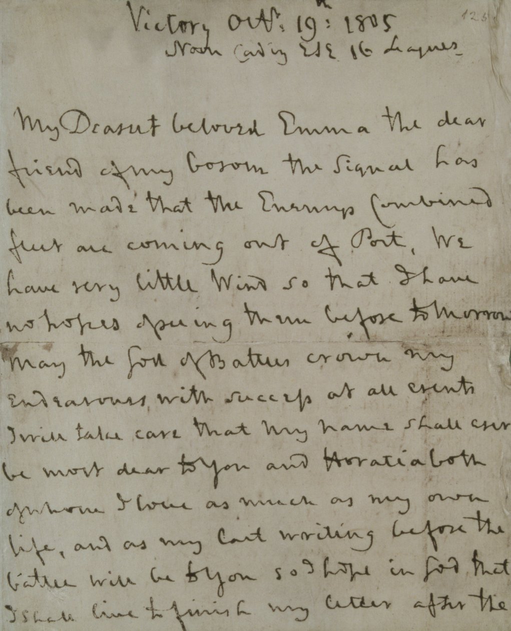 ネルソン卿（1758-1805）がトラファルガー海戦前に「ヴィクトリー号」から書いたエマ・ハミルトンへの最後の手紙。 作： 不明