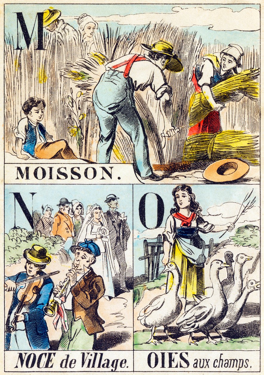 M N O : Moisson, Noce de village, Oies aux champs - "Alphabet of the farm" 19世紀末 (carving) 作： 不明