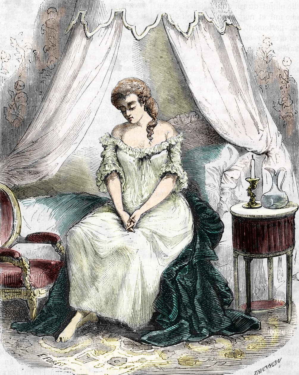 デュ バリー夫人は、1774 年にポン オー ダム修道院に閉じ込められました。19 世紀 (彫刻) 作： 無名の画家