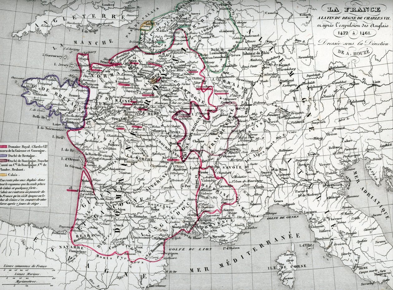 シャルル7世時代と1422年から1461年のイギリス追放後のフランス地図（シャルル7世時代のフランス地図）Houzeの "Atlas Universel "より。 作： 無名の画家