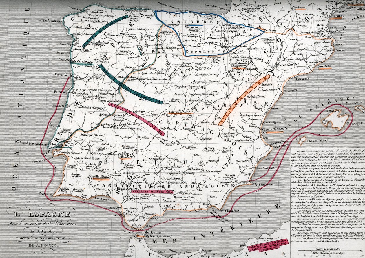 ゲルマン・イスパニア時代のスペイン地図、409-585 (Map of Spain at the times of Germanic Hispania) エングレーヴィング from "Atlas Universel" by Houze 作： 無名の画家