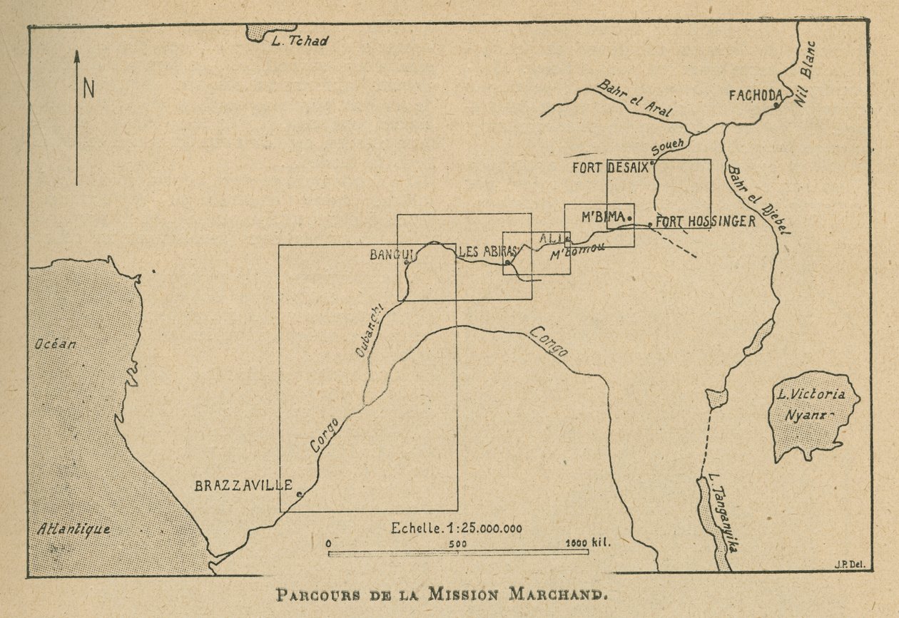 1898年のマルシャンミッションのルートを示す地図（リトグラフ 作： 不明