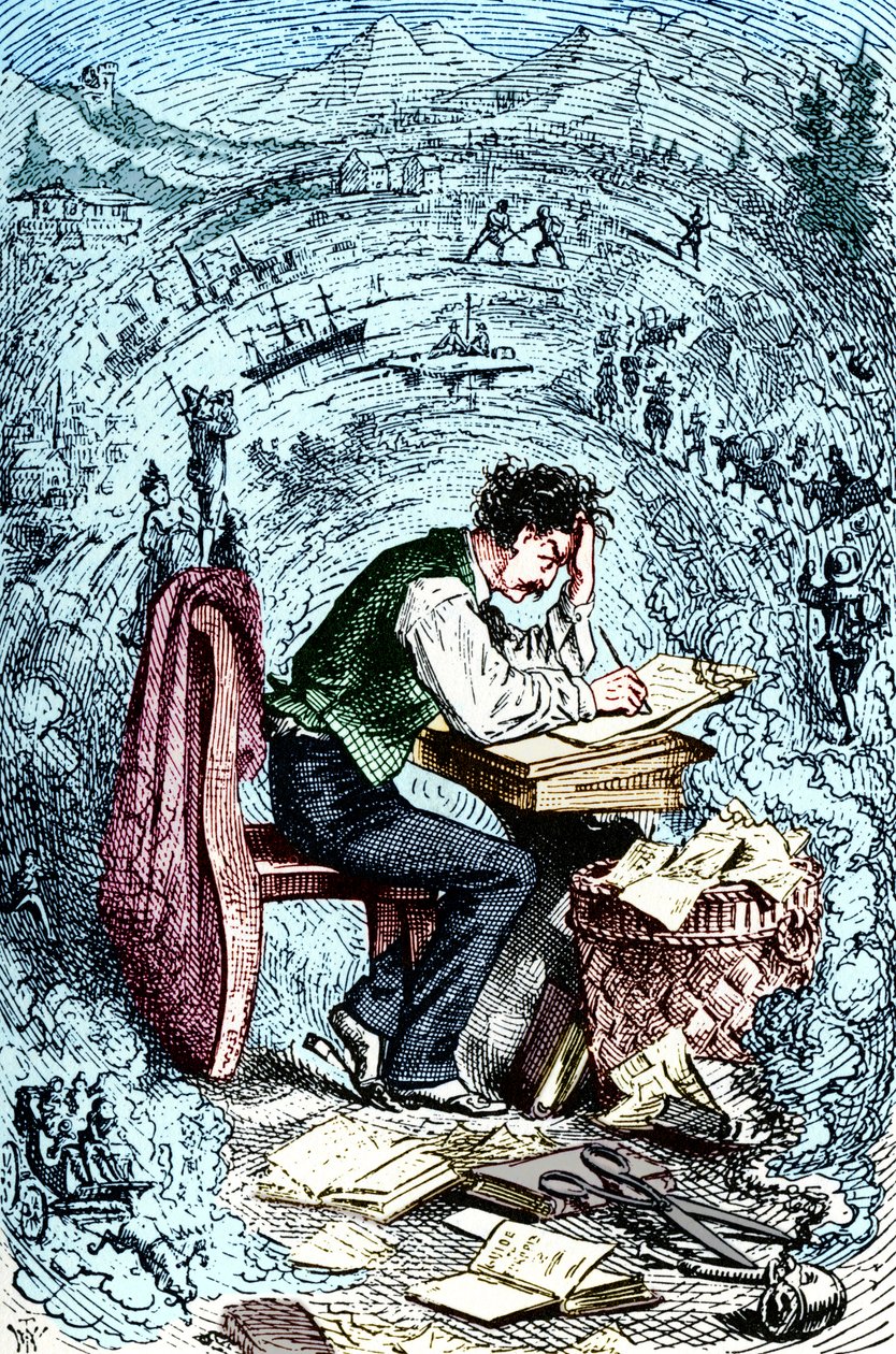 1869年に出版された「The Innocents Abroad」を執筆するマーク・トウェイン。アメリカの作家。1835年11月30日 1910年4月21日 作： 不明
