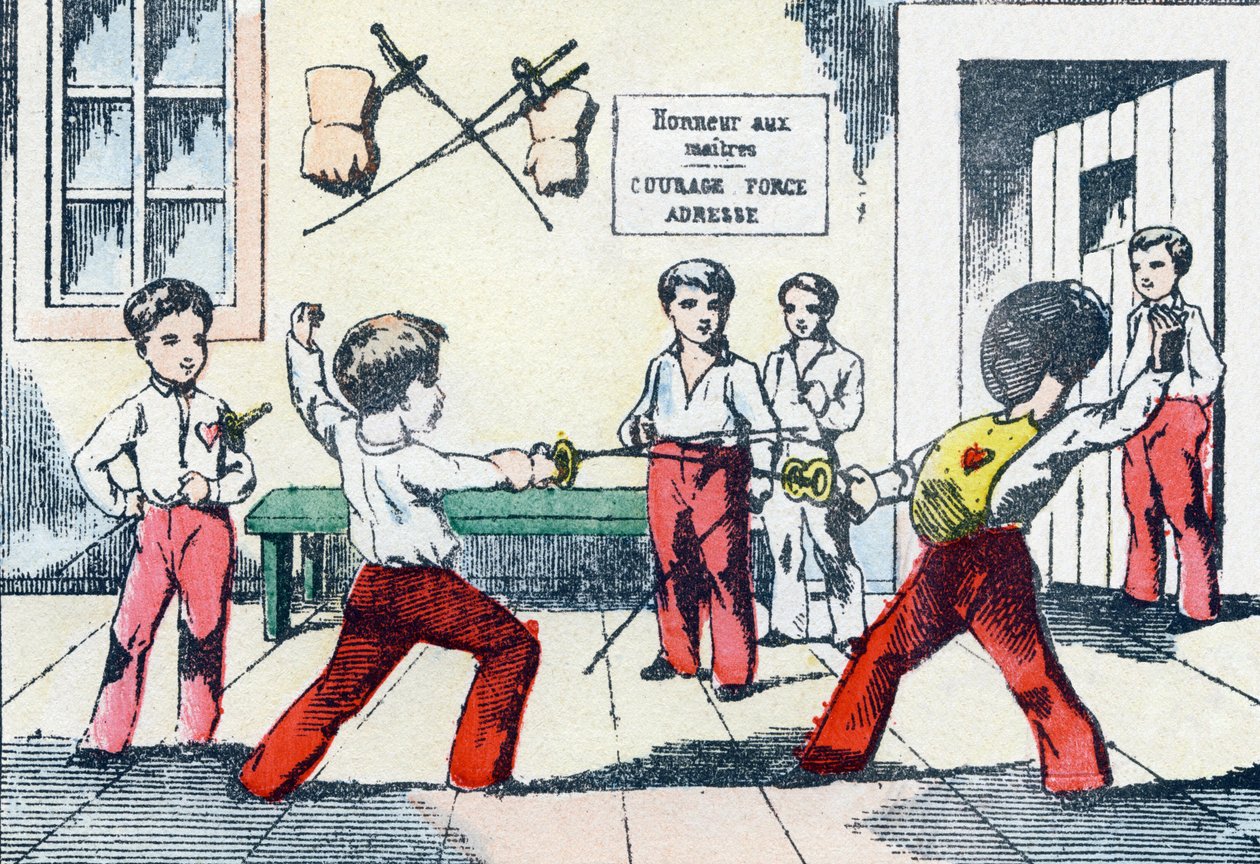 武器の達人。Alphabet militaire enfantin "に掲載された版画。1890年頃のポン・ア・ムソンのイメージ。20ページ。寸法：28.5x21cm 作： 不明