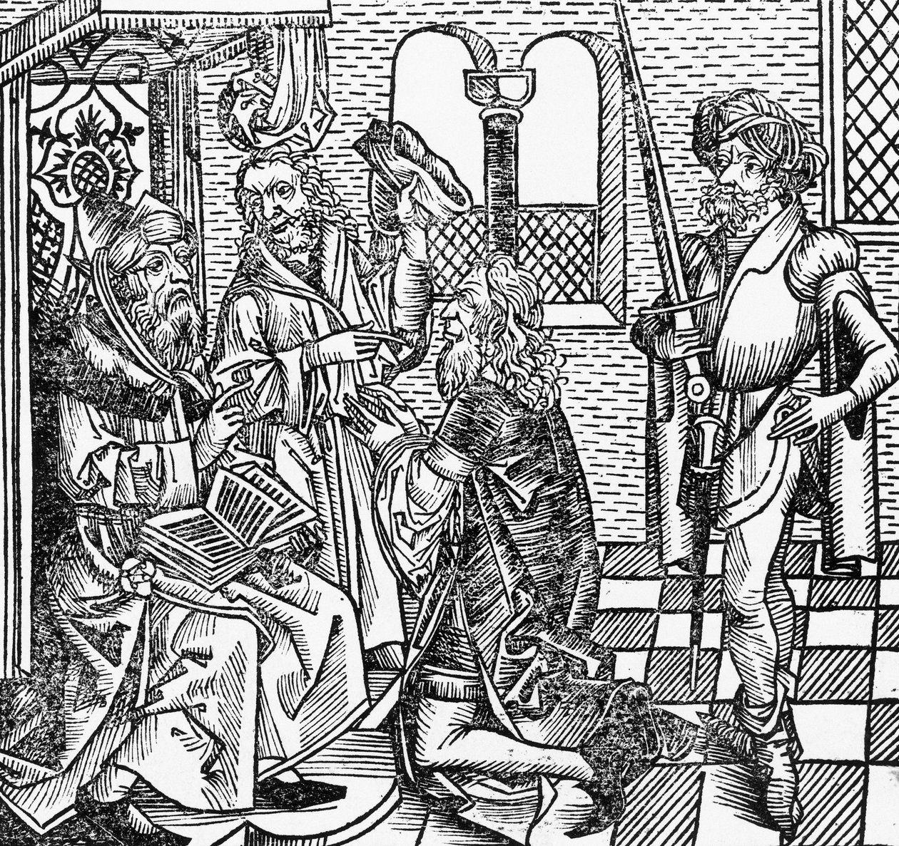 宮廷でのモハメド、ドイツの木版画、ハルトマン・シェデルによるニュルンベルク・クロニクル（Liber Chronicarum）より 作： 無名の画家