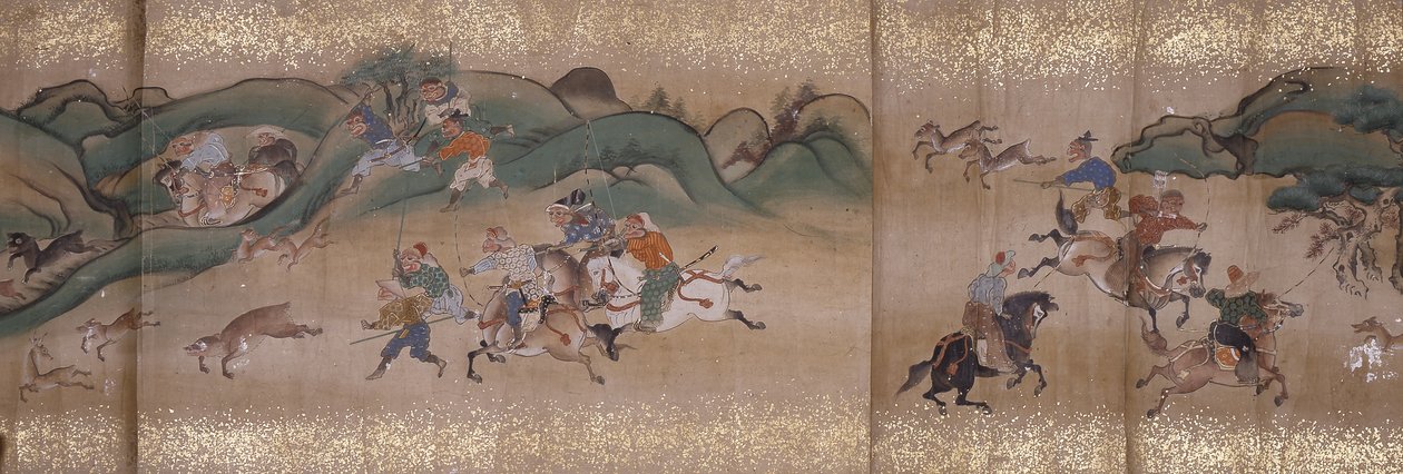 サル狩り（インク、色、紙） 作： 無名の画家