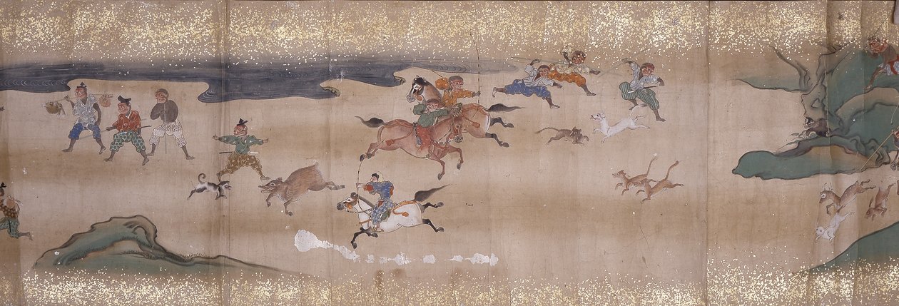 サル狩り（インク、色、紙） 作： 無名の画家