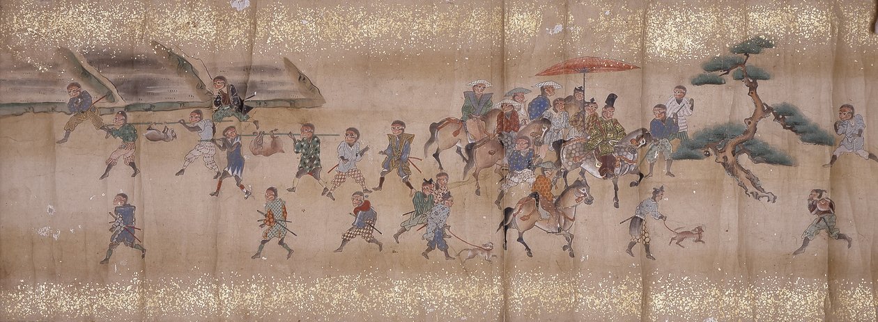 サル狩り（インク、色、紙） 作： 無名の画家