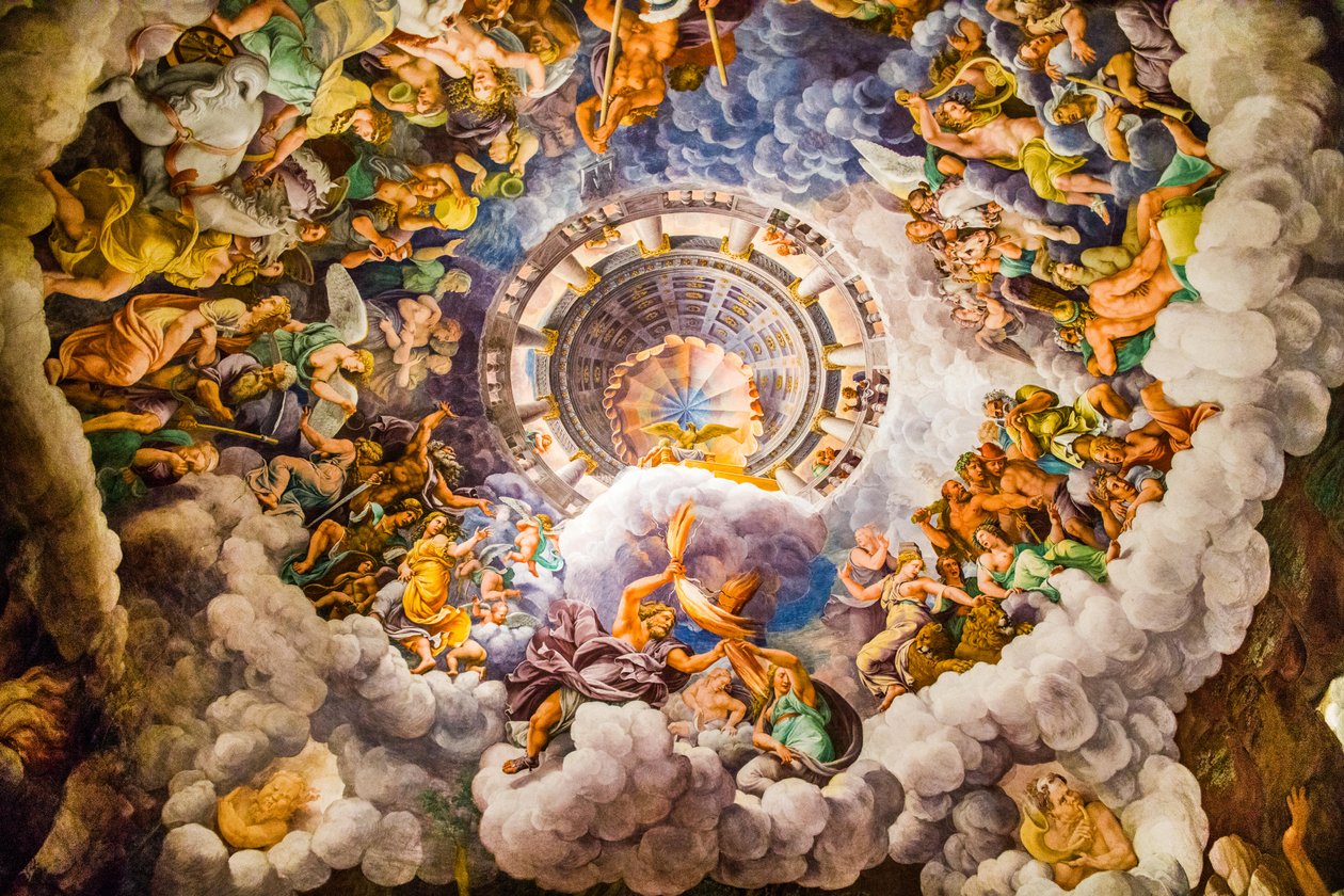 マニエリスムの最も有名なフレスコ画: ジュリオ ロマーノの幻想がドームを発明し、部屋の建築を巨人の崩壊、巨人のホールに溶かす 作： 無名の画家