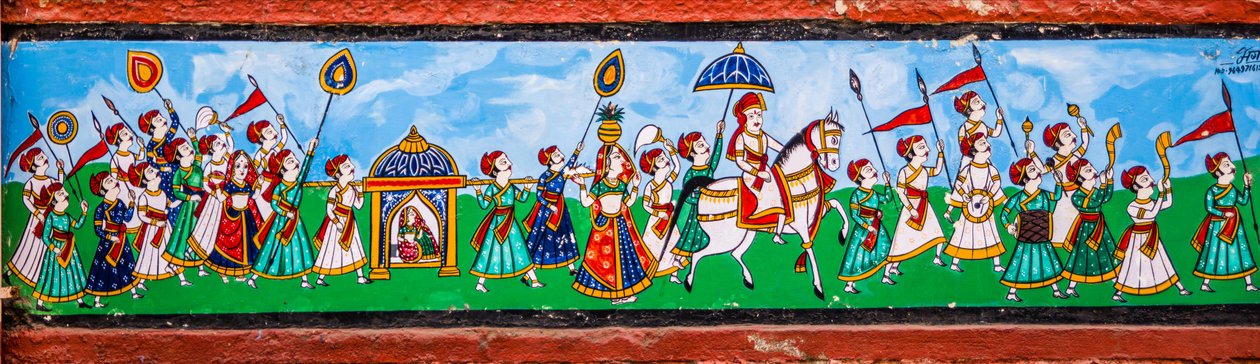 Bundi、Bundi、Rajasthan、インド、アジアの旧市街の壁画 (写真) 作： 無名の画家
