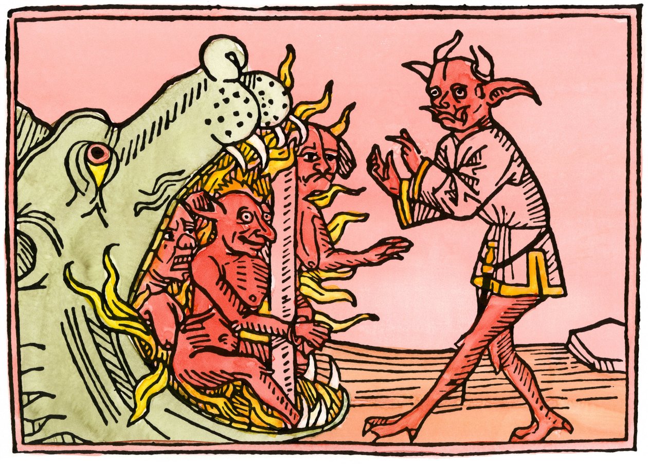 神話と伝説：悪魔を燃やす地獄の竜の口。アウクスブルク版からの彩色版画。 作： 無名の画家