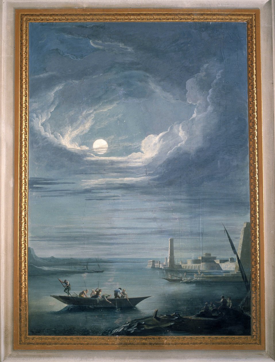 漁師たちのいる夜景。コンシリオ広間のフレスコ画 作： 無名の画家