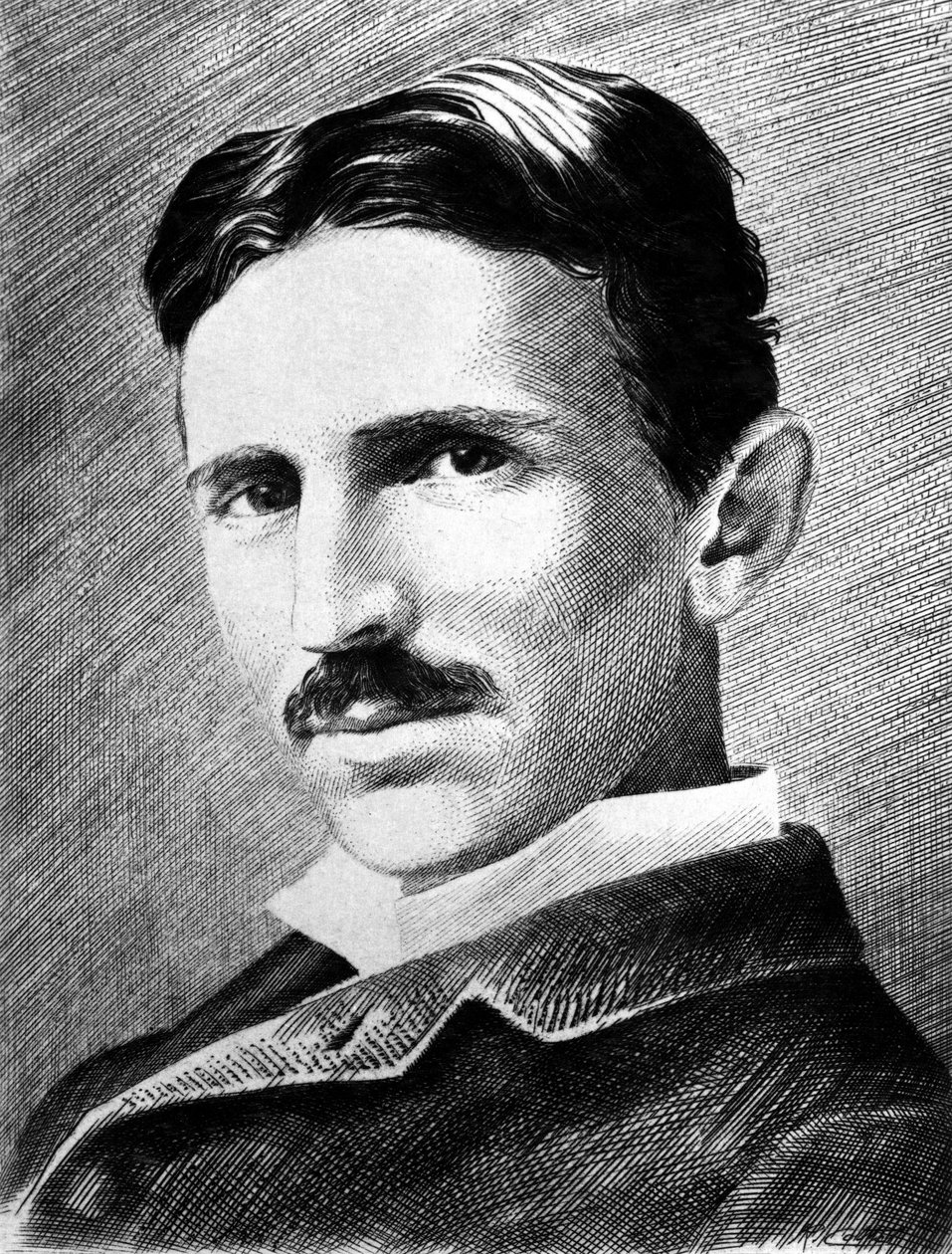 ニコラ・テスラ、クロアチア生まれのセルビア人エンジニア、物理学者、発明家、1885年頃 作： 無名の画家