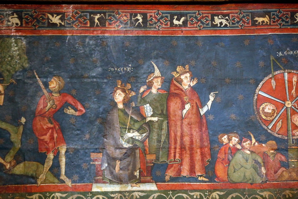 フランス、クレルモン・フェラン、ノートルダム・ド・クレルモン大聖堂、聖ゲオルギウス礼拝堂（13世紀後半）、フレスコ画の詳細（写真）。