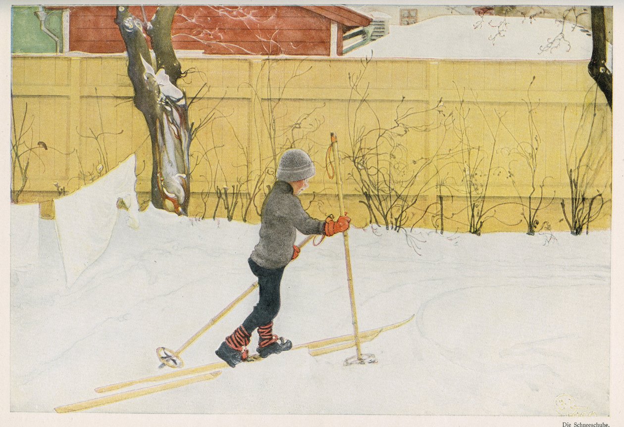 スウェーデンのイラストレーターCarl Larsson（1853-1919）の子供の一人が、スキーで動くことを学んでいる様子。1921年の "Das haus in der sonne "からのドローイング。 作： 不明