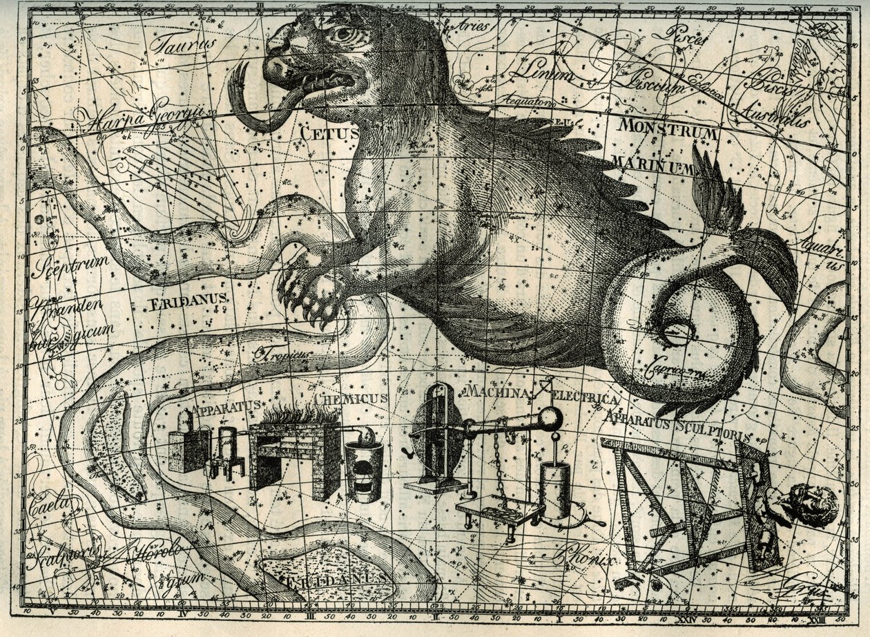 フランスで見ることのできる最後の南の星座のひとつが「くじら座」で、フォーク状の舌と長い尾を持つ幻想的な動物として表現されています。くじら座の南側にある天球図には、3つの現代的な星座が含まれています：「彫刻家の工房」と「星座」です。 作： 不明