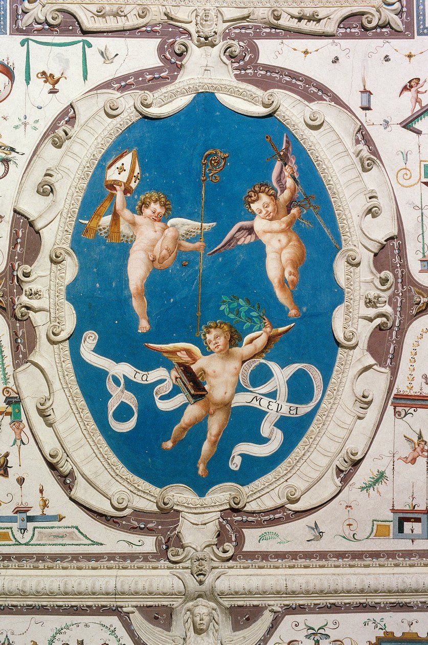 3人のプッティが描かれた楕円形（1560年）、グロテスクの間の天井の細部、デラ・マンタ城、マンタ（クーネオ）、ピエモンテ、イタリア 作： 無名の画家