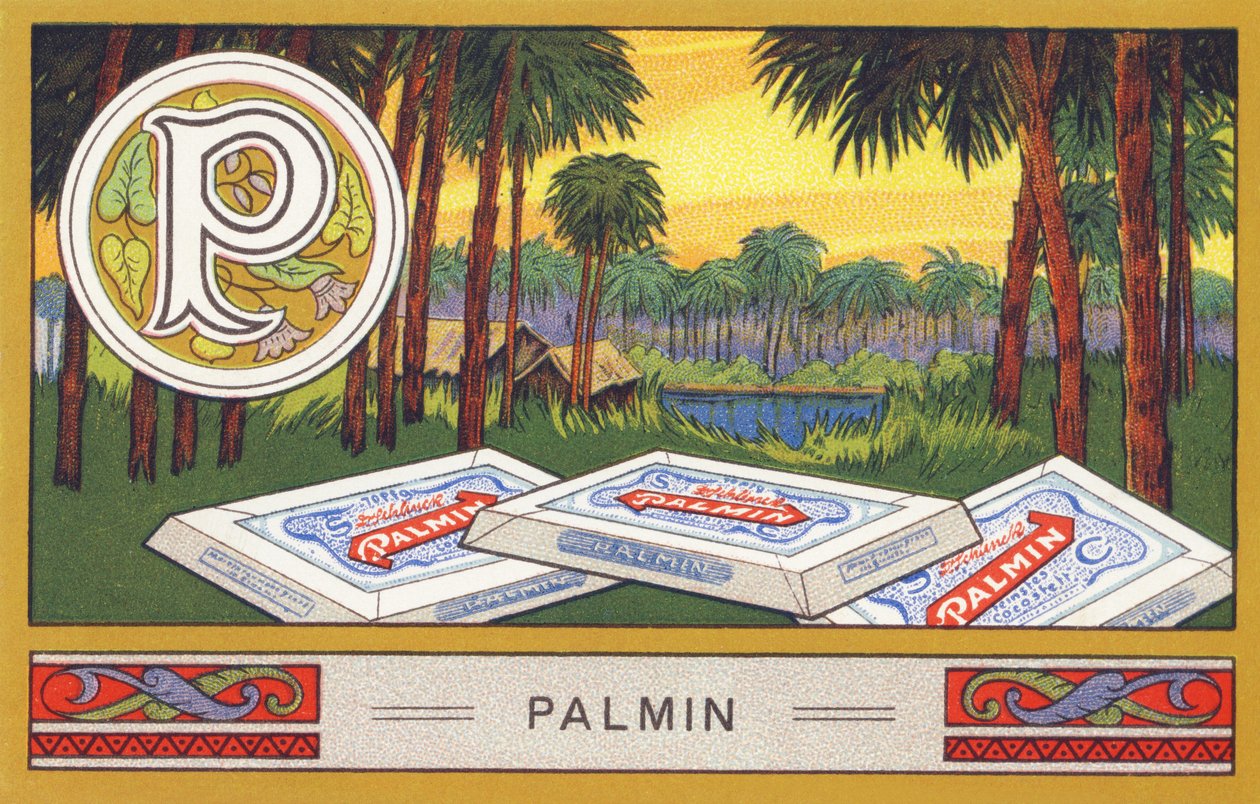 P：パルミン - アルファベットのパルミン。H. Schlinck & Cie, Hamburg, n.d.で出版された一連のクロモリトグラフ。Palmin feinstes Cocosfettの広告です。サイズ : 7 x 11 cm 作： 無名の画家