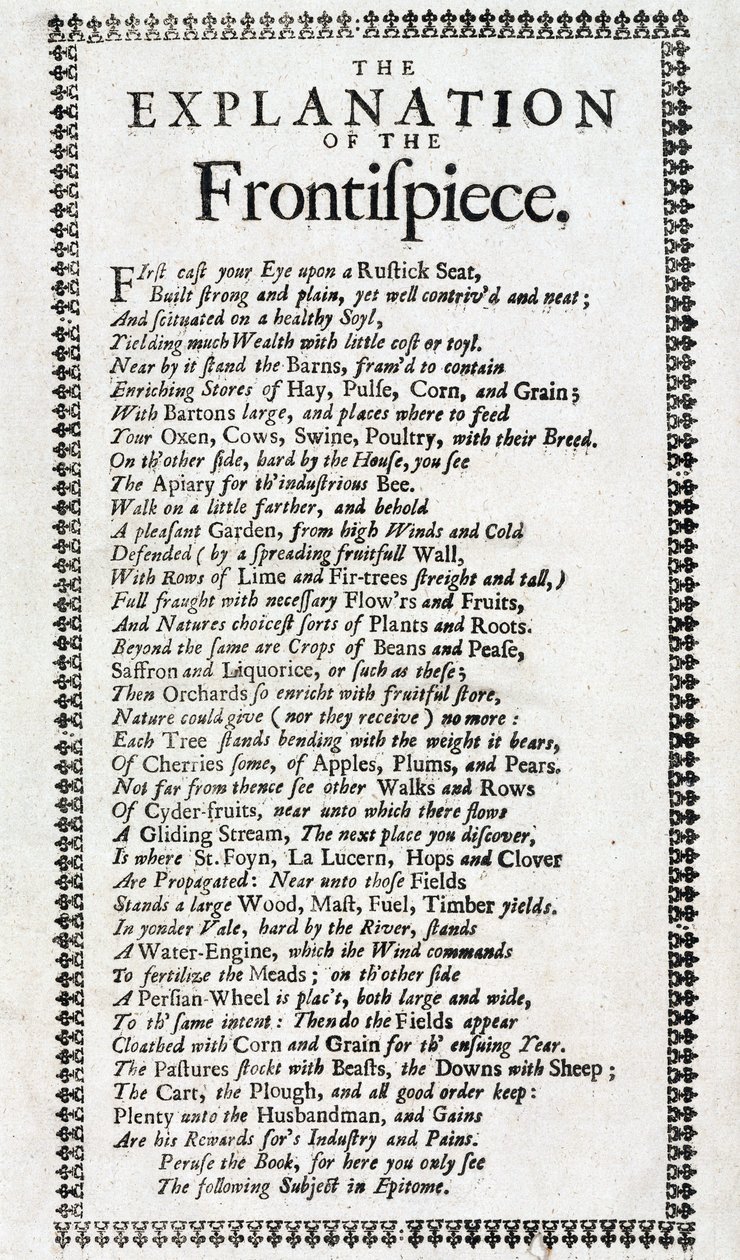 1697年にロンドンで出版されたジョン・ウォーリッジ（1669-1698年活躍）の「Systema agriculturae: the mystery of humourry discovered」の第4版のタイトルページと詩による説明。 作： 不明