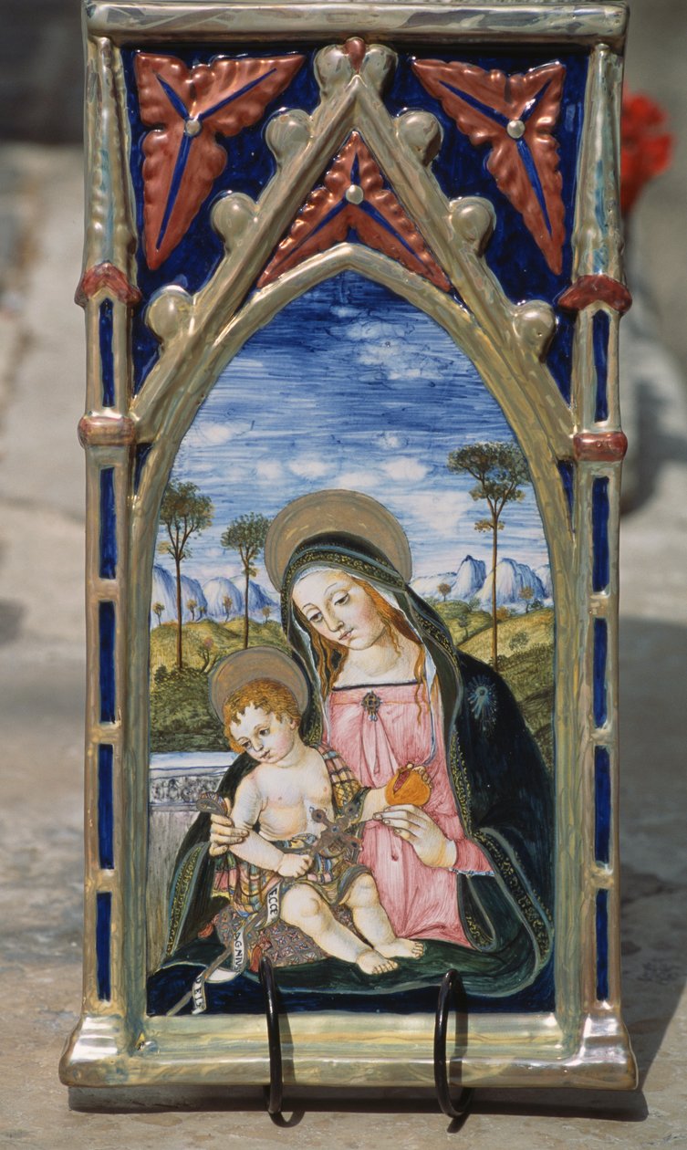 聖母子像を描いた彩色陶器タイル イタリア、ウンブリア州グアルド・タディーノ市 作： 無名の画家