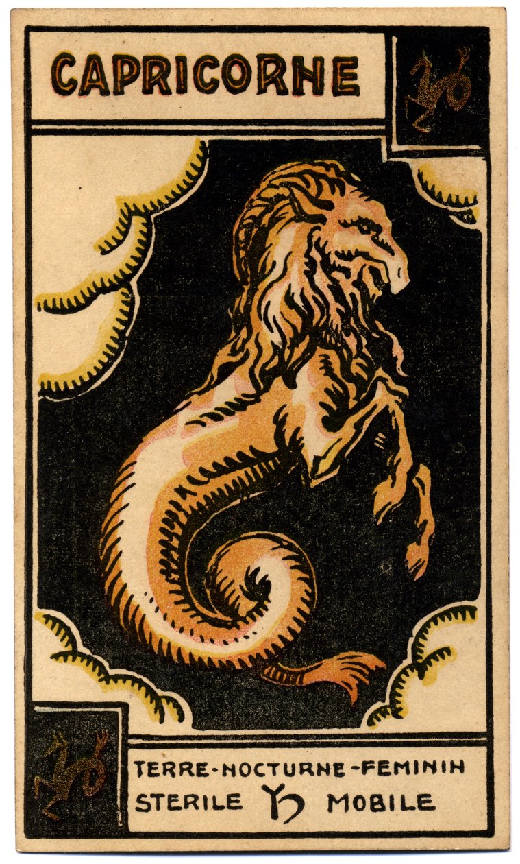 超常現象。 占星術。 山羊座（シーガット）。 占星術カード: Le Tarot Astrologique (Astrological Tarot)、Georges Muchery、フランス 作： 無名の画家