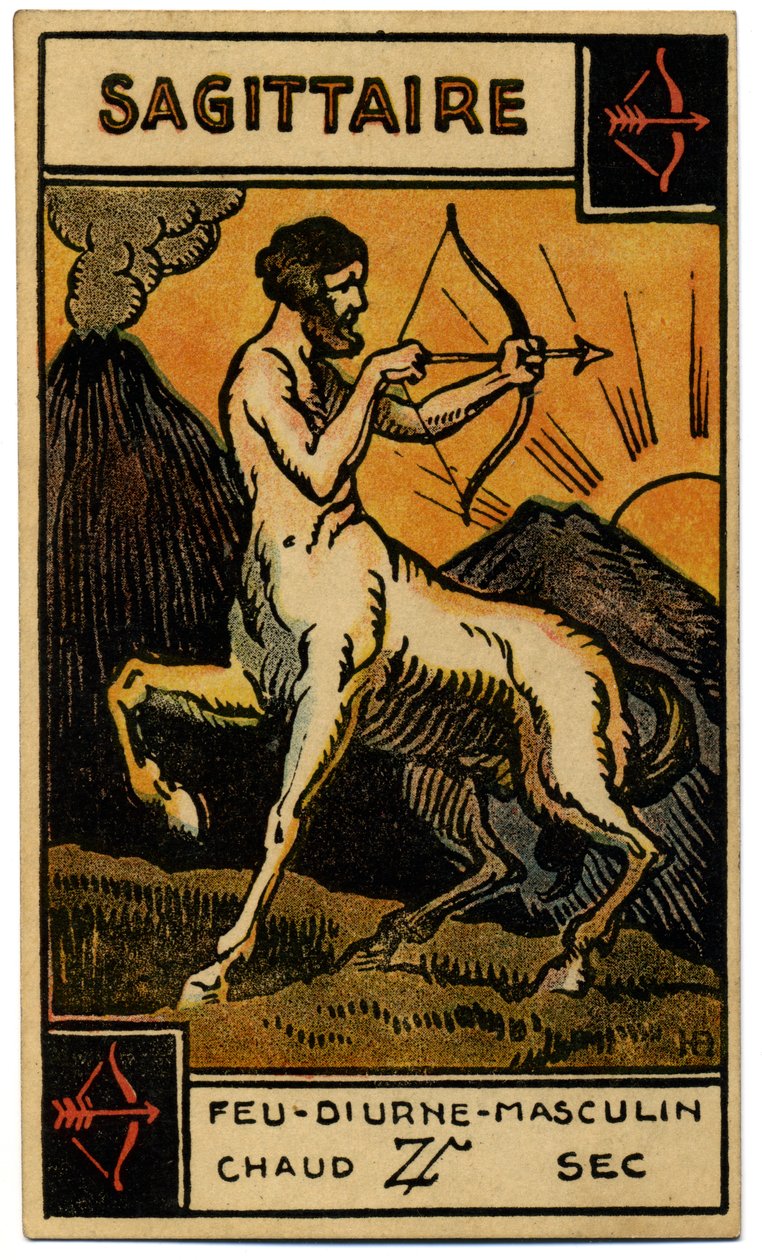 超常現象。 占星術。 射手座（射手）。 占星術カード: Le Tarot Astrologique (Astrological Tarot)、Georges Muchery、フランス 作： 無名の画家