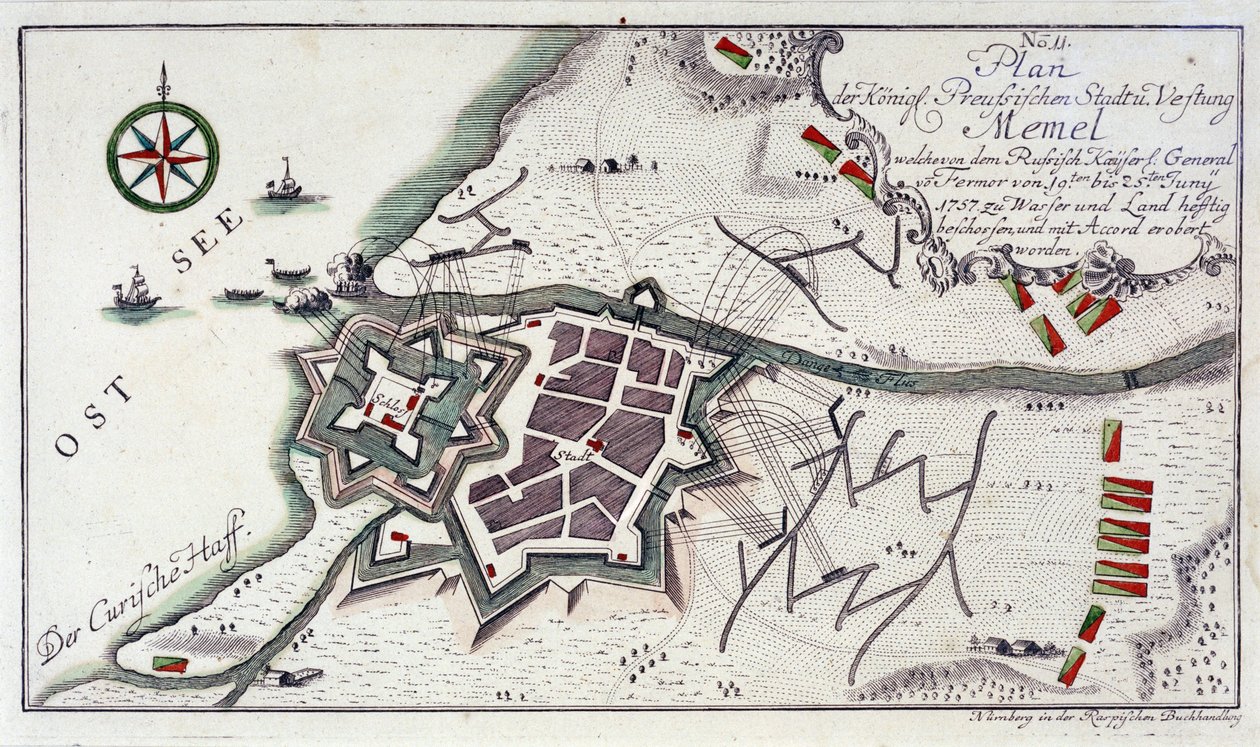 1757年6月27日～7月5日、降伏中のメメル（現在のリトアニア、クライペダ）の平面図。1764年彩色によるエッチング。 作： 無名の画家