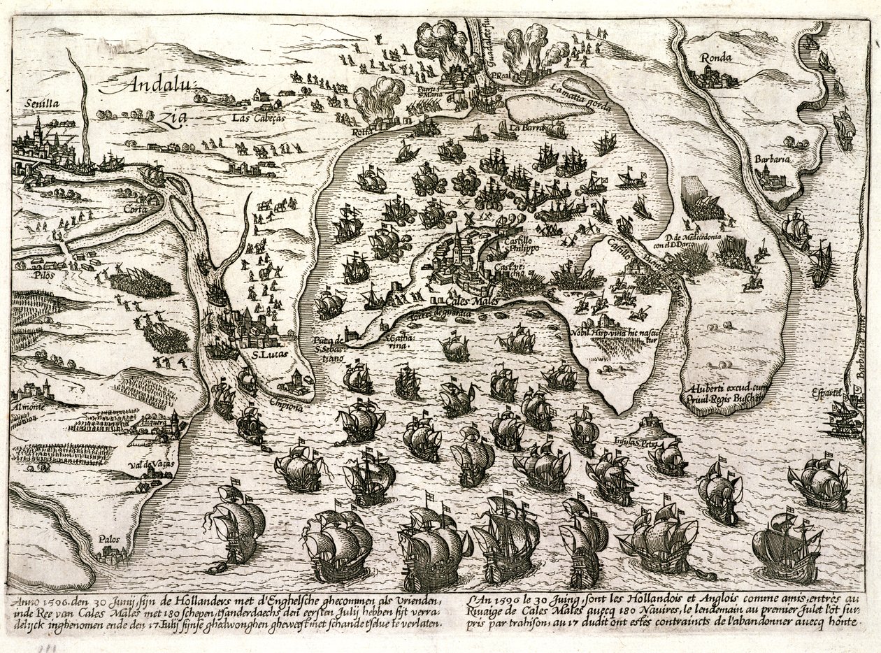 サー・ウォルター・ローリーによる攻撃時の1596年のカディス港の計画（彫刻） 作： 無名の画家