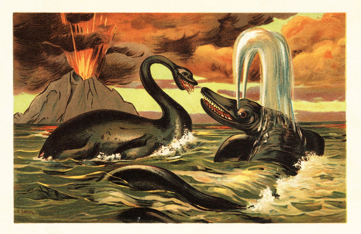 スチームパンク絵画 イクチオザウルス(原画) 1908年の噴火の前で戦うプレシオサウルスとイクチオサウルス（リトグラフ）