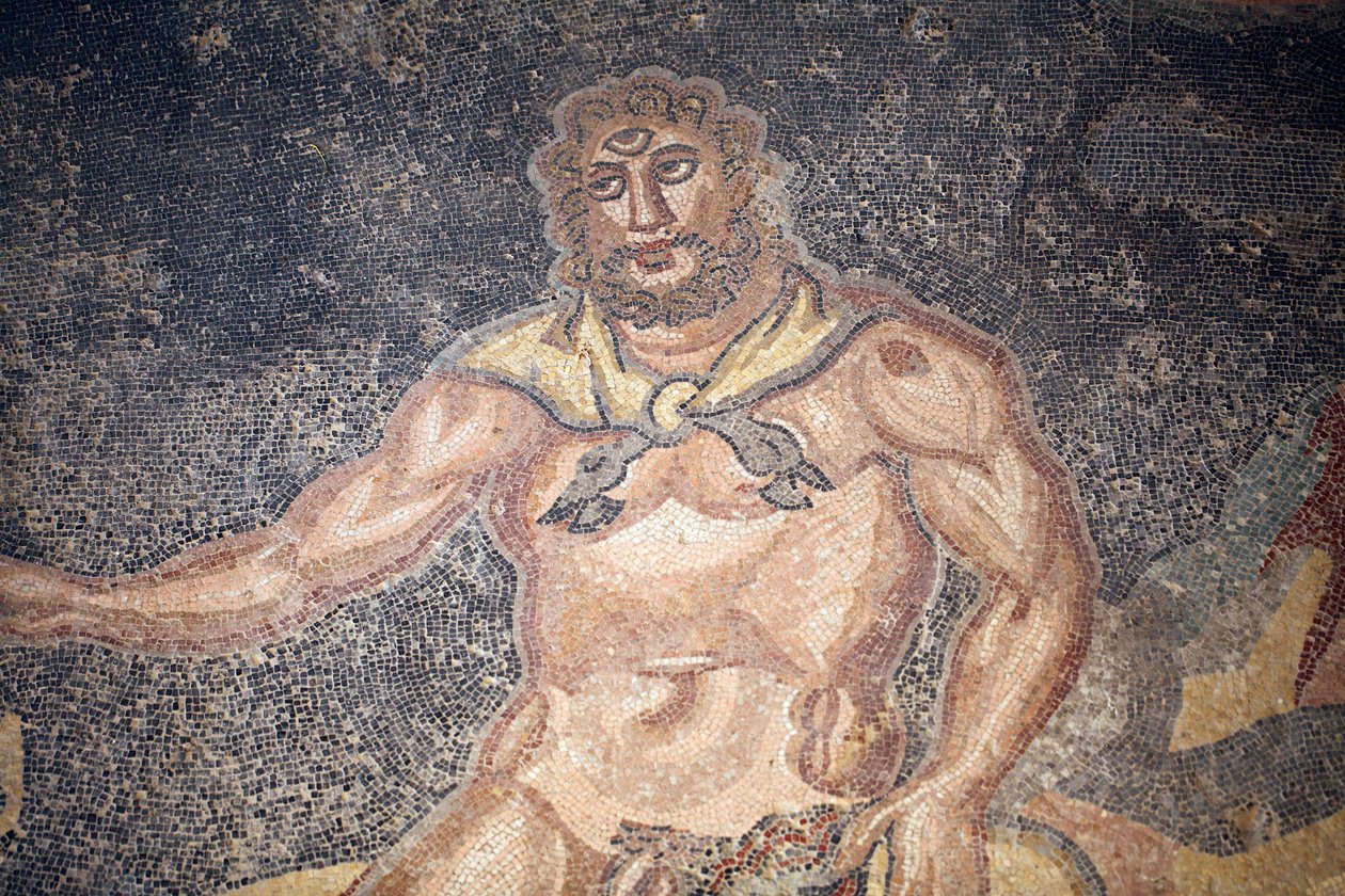 ポリューム・ホール。シクロプスがヤギの内臓を食べている様子の詳細。3～4世紀。シチリア、カサーレのローマ・ヴィラ。ユネスコ世界遺産。 作： 不明