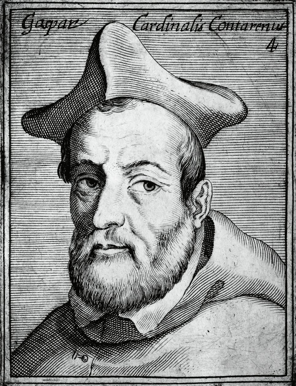 イタリアの枢機卿・司教Gasparo Contarini (1483-1542)の肖像、Claudius Pernetus作『Illustrissimorum, omnique virtutis, et scientiarum laude praestantissimoru virorum icones』からの彫刻。 作： 無名の画家
