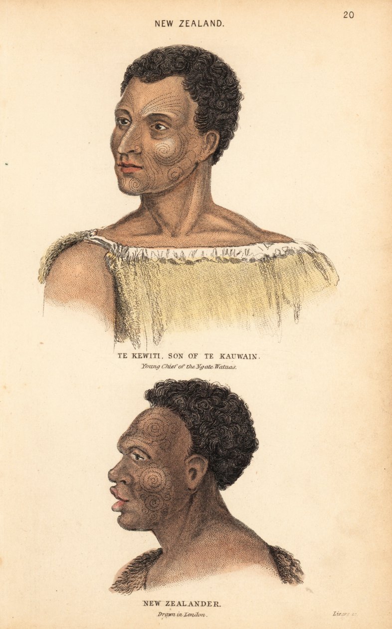 Porträt von Te Kewiti, Sohn von Te Kauwain, junger Häuptling der Maori Ngate Watnas, Neuseeland, und Porträt eines tätowierten Maori, Neuseeländer, gezeichnet in London von Agasse. Handkolorierter Stahlstich von Lizars nach einer Illustration von Charles H von Unbekannter Künstler