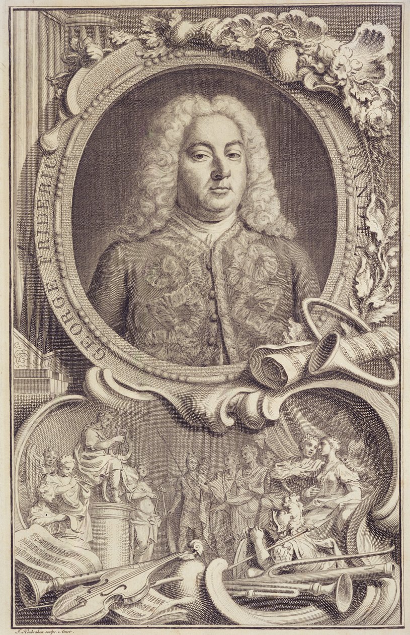 RM 7.f.5 ジョージ・フレデリック・ヘンデル (1685-1759)、「エジプトのイスラエル」の口絵、Jacobus Houbraken (1698-1780) によって彫刻 作： 無名の画家