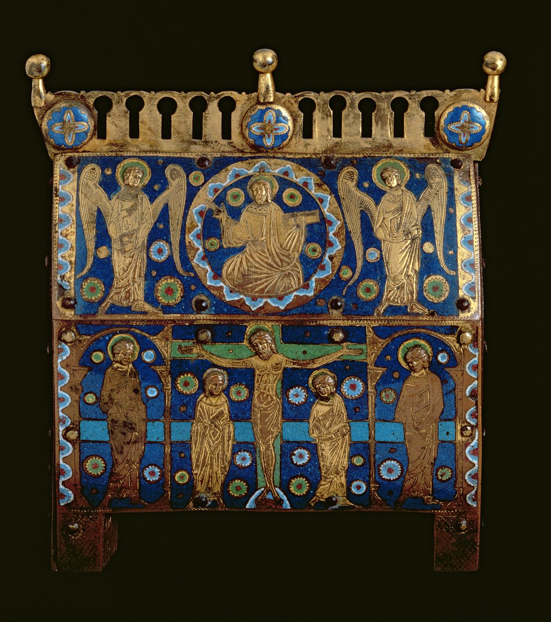 キリストの磔刑と神格化を描いたエナメル板で装飾された聖遺物箱、フランス、リモージュ製 作： 不明