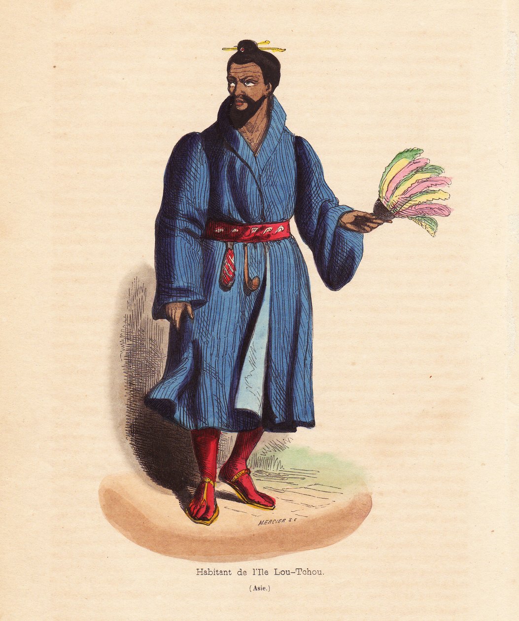 リュウキュウ諸島（日本、沖縄）の住民 - リュウチュウ諸島（リュウキュウ諸島または現在の沖縄）の男 - オーギュスト・ヴァーレン（ジャン・ワーレンのペンネーム）著「アジア、世界のすべての民族の習慣、用途、衣装」より、メルシエによる手彩色木版画。 作： 無名の画家
