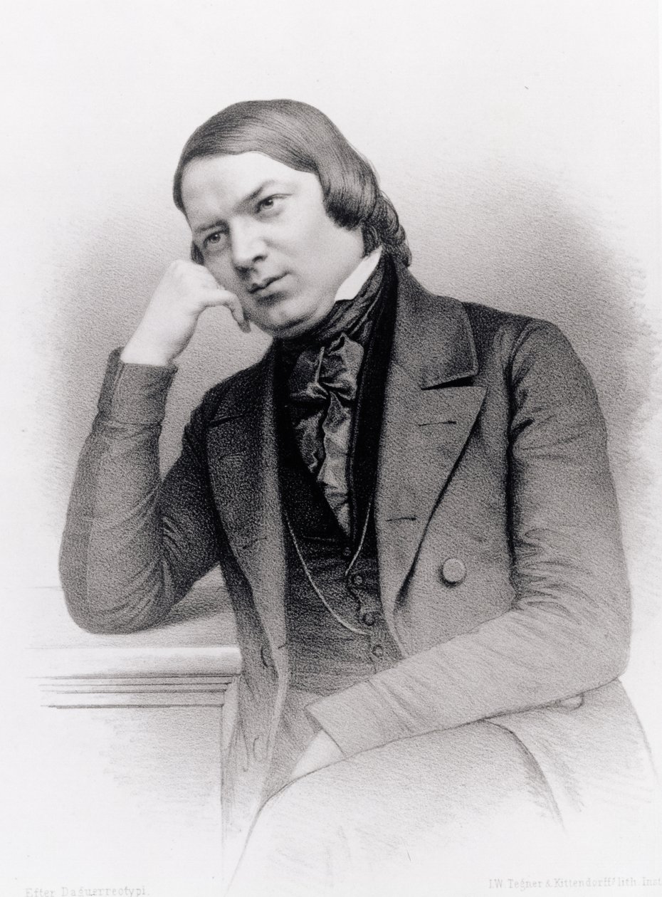 Robert Alexander Schumann (1810-56), ドイツの作曲家, Isaac Wilhelm Tegner (1815-93) と Johann Adolf Kittendorff (1820-1902) がダゲレオタイプ（リトグラフ）の後に彫刻したもの。 作： 不明
