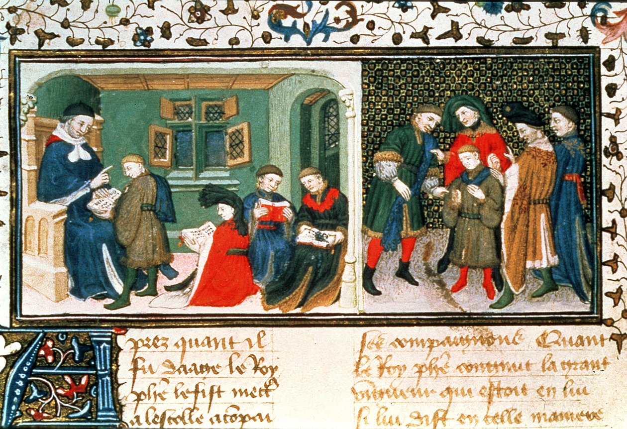 Roy 17 E III f.209r 師匠と弟子たち、バルトロメウス・アングリクス作「デ・プロプリエテス・デ・チョーゼス」より（ベラム） 作： 無名の画家