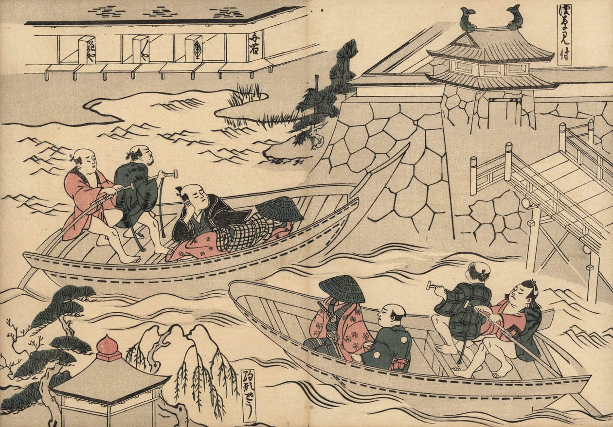 吉原遊郭へ向かう船で川（赤坂見附）を渡る武士たち。奥村政信（1686-1764）の木版画『風俗絵巻物』（東京、1880年頃の復刻版）。 作： 無名の画家